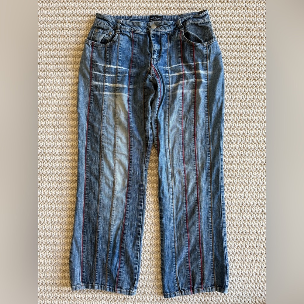 Vintage No Boundaries Patchwork Striped Bootcut Jeans Multicolored Top Stitching